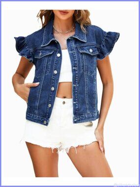 Ruffle Denim Vest Womens Short Sleeve Jean Jacket Button Front Casual